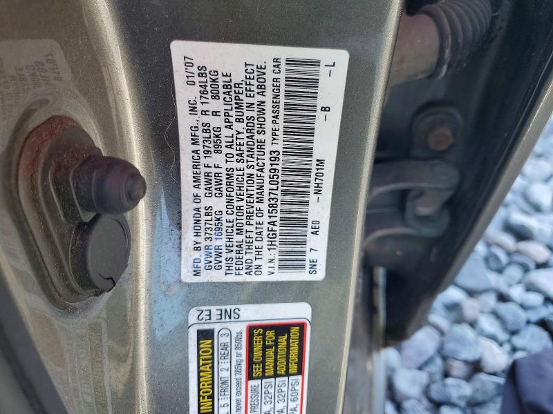 Aukcja sprzedaży 2007 Honda Civic, vin: 1HGFA15837L059193, numer aukcji: 65203576