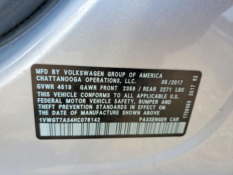 2017 Volkswagen Passat მანქანა იყიდება აუქციონზე, vin: 1VWGT7A34HC076142, აუქციონის ნომერი: 65536486