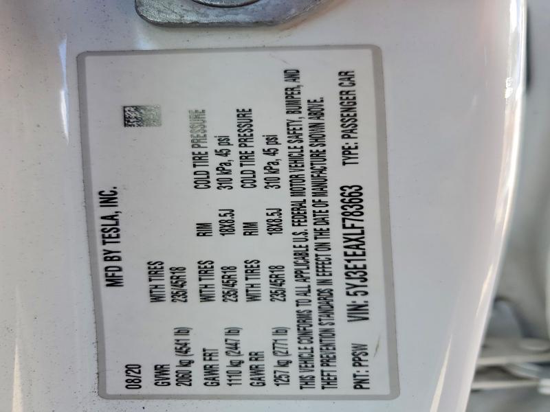 Продажа на аукционе авто 2020 Tesla Model 3, vin: 5YJ3E1EAXLF783663, номер лота: 63400756