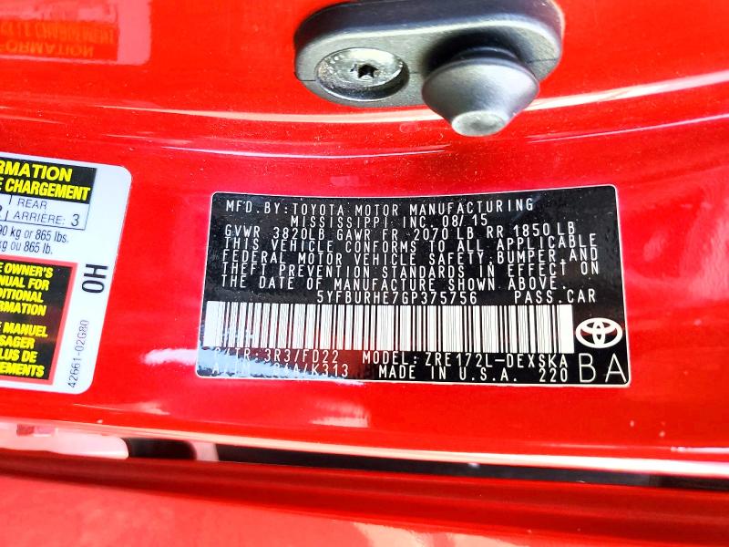 Aukcja sprzedaży 2016 Toyota Corolla, vin: 5YFBURHE7GP375756, numer aukcji: 65017936