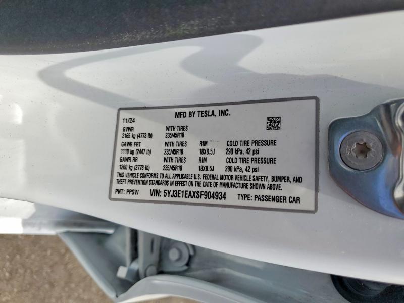 2025 Tesla Model 3 მანქანა იყიდება აუქციონზე, vin: 5YJ3E1EAXSF904934, აუქციონის ნომერი: 65222316