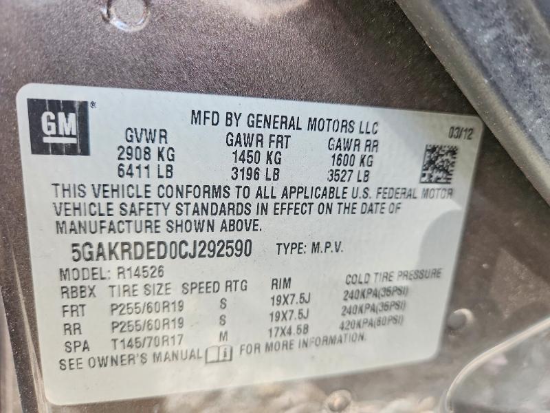 Продаж на аукціоні авто 2012 Buick Enclave, vin: 5GAKRDED0CJ292590, номер лоту: 65505776