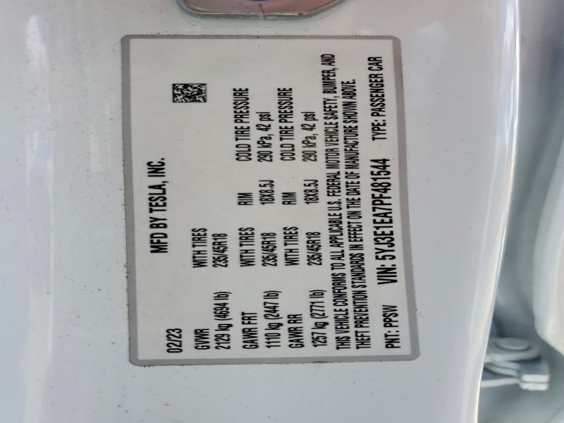 2023 Tesla Model 3 მანქანა იყიდება აუქციონზე, vin: 5YJ3E1EA7PF481544, აუქციონის ნომერი: 66025226