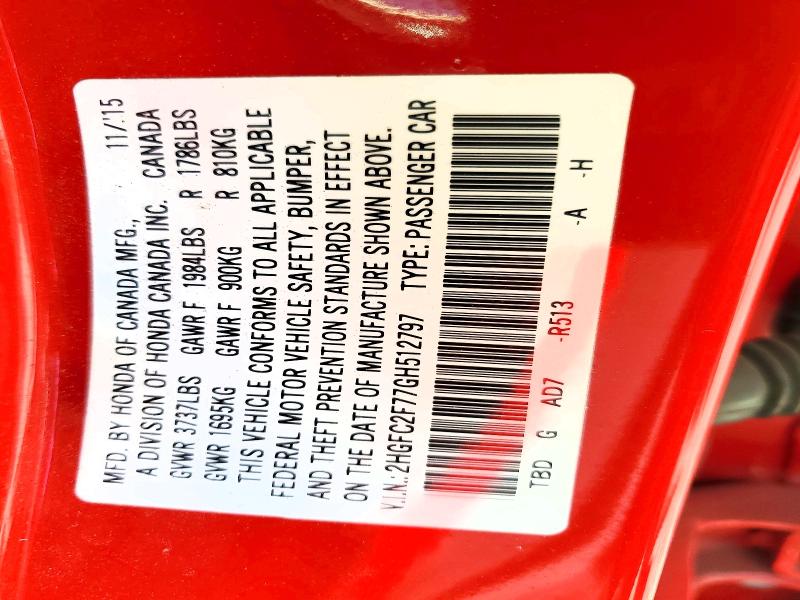 Продаж на аукціоні авто 2016 Honda Civic, vin: 2HGFC2F77GH512797, номер лоту: 64288896