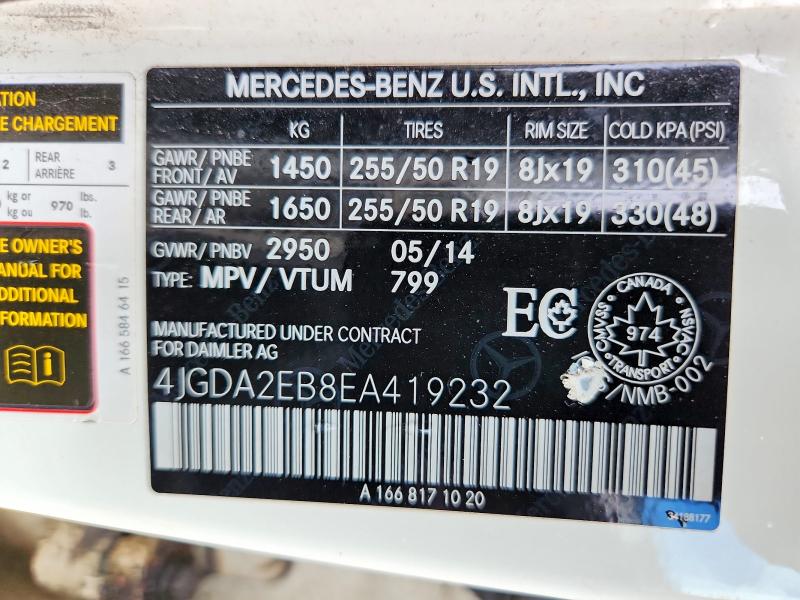 Продажа на аукционе авто 2014 Mercedes-benz Ml, vin: 4JGDA2EB8EA419232, номер лота: 65639546