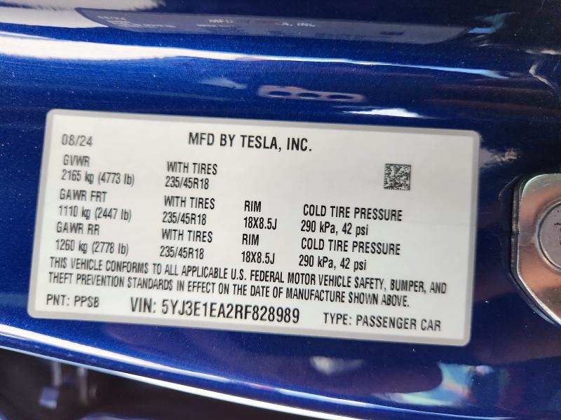 Auction sale of the 2024 Tesla Model 3, vin: 5YJ3E1EA2RF828989, lot number: 65024176