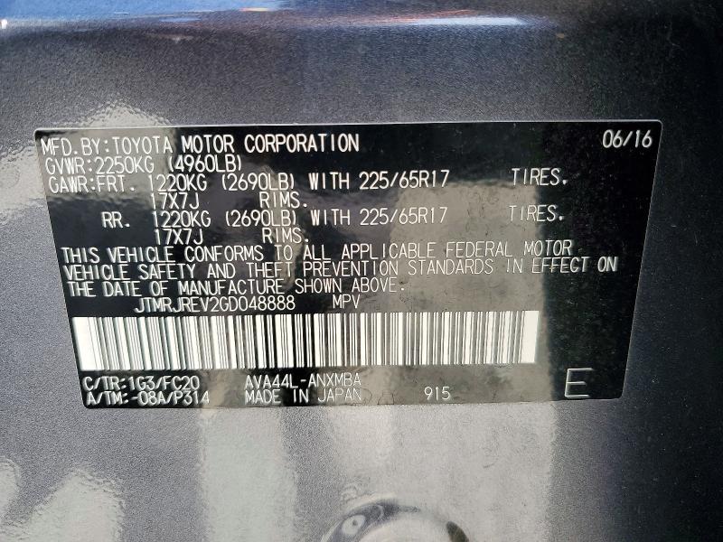 Aukcja sprzedaży 2016 Toyota Rav4 Hv, vin: JTMRJREV2GD048888, numer aukcji: 64145316