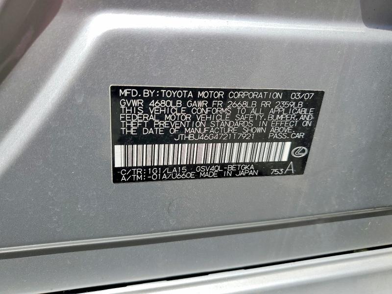 Aukcja sprzedaży 2007 Lexus Es, vin: JTHBJ46G472117921, numer aukcji: 63547566