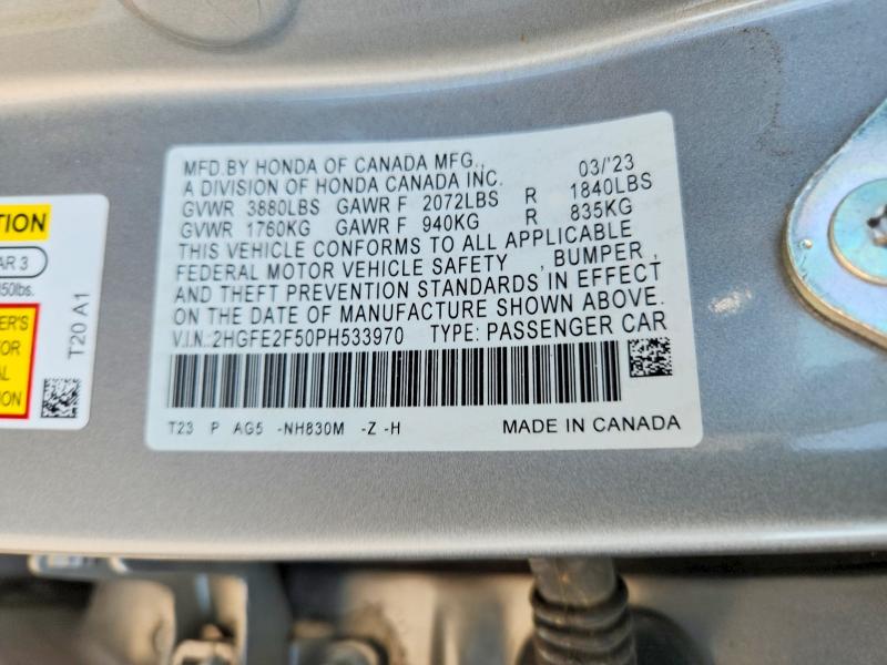 Продажа на аукционе авто 2023 Honda Civic, vin: 2HGFE2F50PH533970, номер лота: 64812036