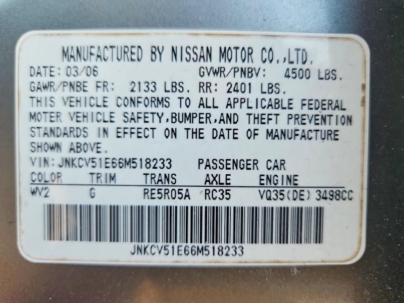 65595736 :رقم المزاد ، JNKCV51E66M518233 vin ، 2006 Infiniti G35 مزاد بيع