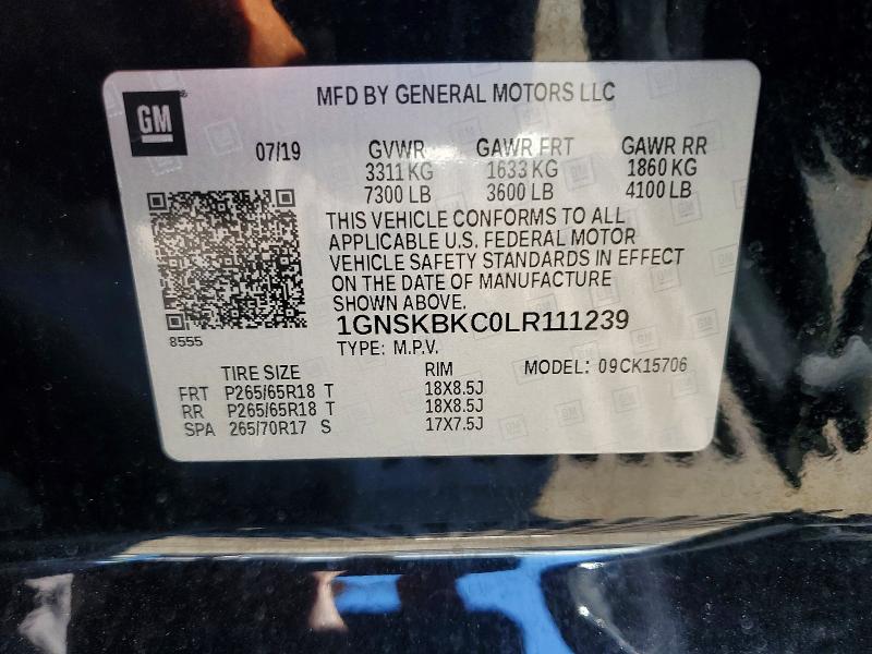 64775546 :رقم المزاد ، 1GNSKBKC0LR111239 vin ، 2020 Chevrolet Tahoe مزاد بيع