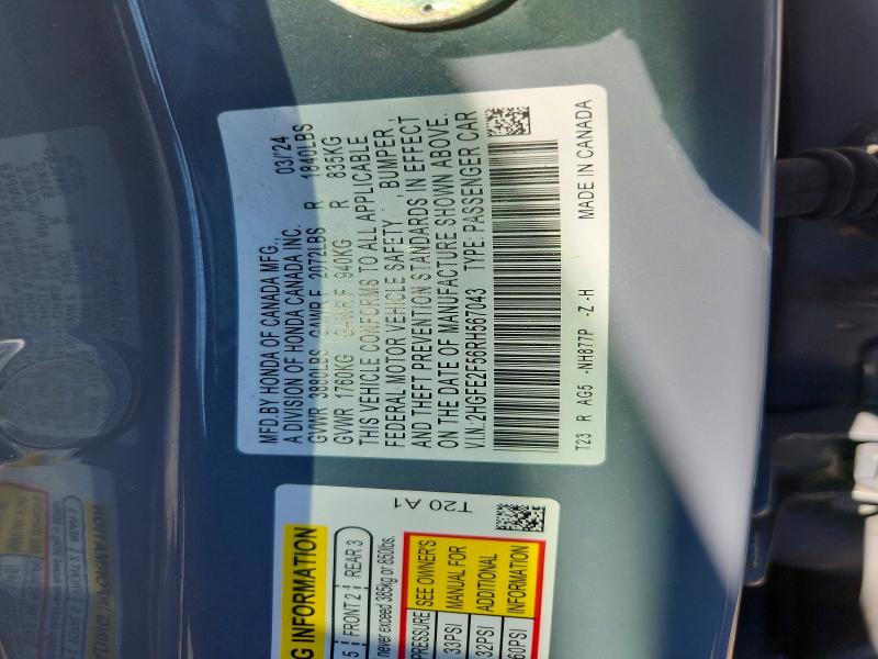2024 Honda Civic მანქანა იყიდება აუქციონზე, vin: 2HGFE2F56RH567043, აუქციონის ნომერი: 66347336