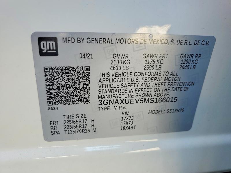 2021 Chevrolet Equinox მანქანა იყიდება აუქციონზე, vin: 3GNAXUEV5MS166015, აუქციონის ნომერი: 64300226
