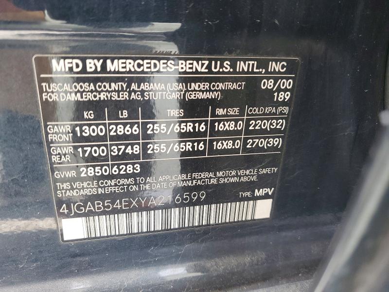 Aukcja sprzedaży 2000 Mercedes-benz Ml, vin: 4JGAB54EXYA216599, numer aukcji: 64669346