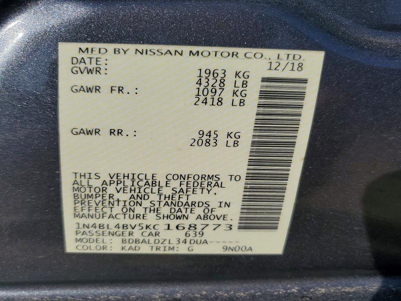 Aukcja sprzedaży 2019 Nissan Altima, vin: 1N4BL4BV5KC168773, numer aukcji: 65123606