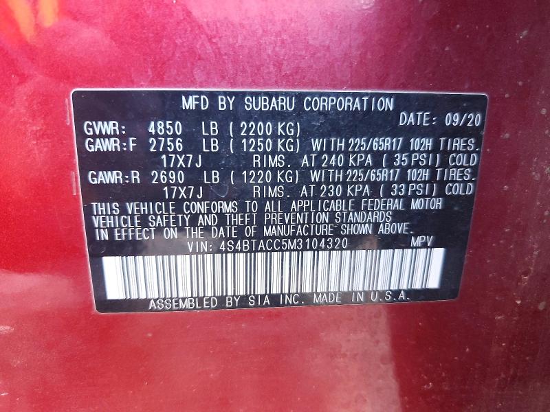 Aukcja sprzedaży 2021 Subaru Outback, vin: 4S4BTACC5M3104320, numer aukcji: 65390326