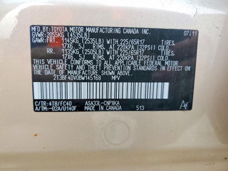 Продаж на аукціоні авто 2011 Toyota Rav4, vin: 2T3BF4DV0BW145168, номер лоту: 62991056