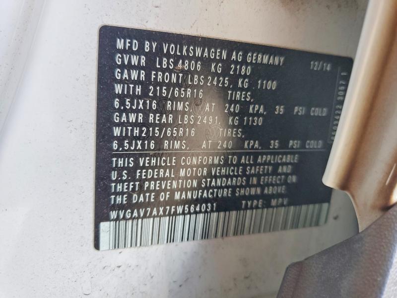 2015 Volkswagen Tiguan მანქანა იყიდება აუქციონზე, vin: WVGAV7AX7FW564031, აუქციონის ნომერი: 64634306