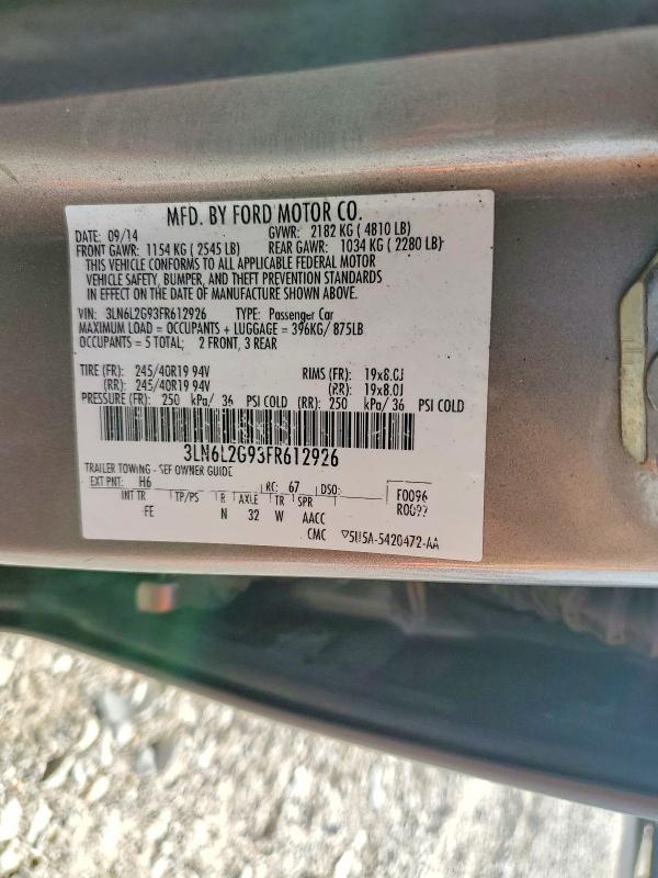2015 Lincoln Mkz მანქანა იყიდება აუქციონზე, vin: 3LN6L2G93FR612926, აუქციონის ნომერი: 63806396
