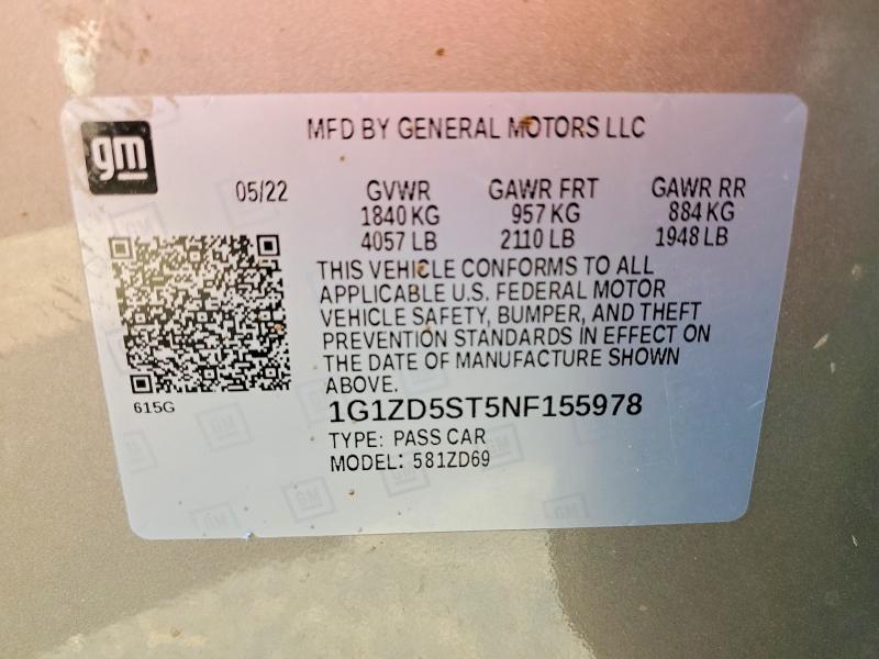 66067286 :رقم المزاد ، 1G1ZD5ST5NF155978 vin ، 2022 Chevrolet Malibu مزاد بيع