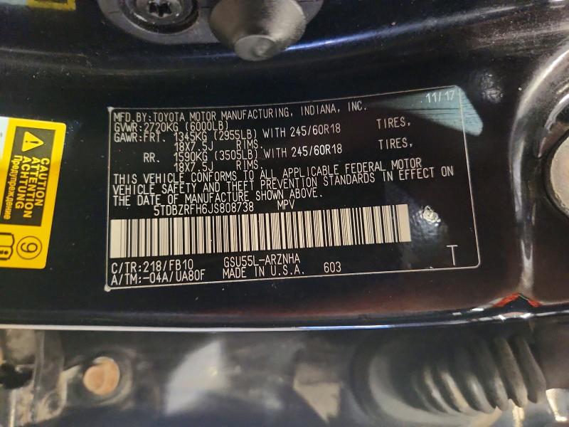 Продаж на аукціоні авто 2018 Toyota Highlander, vin: 5TDBZRFH6JS808738, номер лоту: 63936326