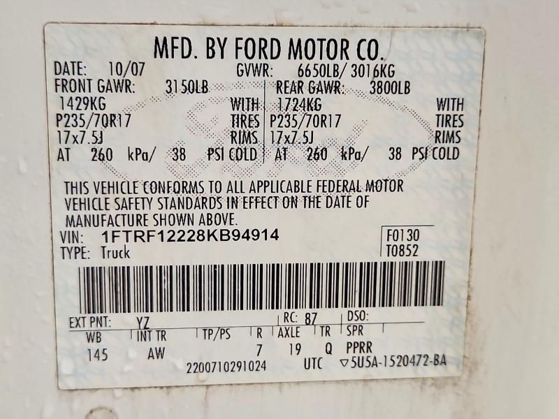 Продажа на аукционе авто 2008 Ford F150, vin: 1FTRF12228KB94914, номер лота: 66983026
