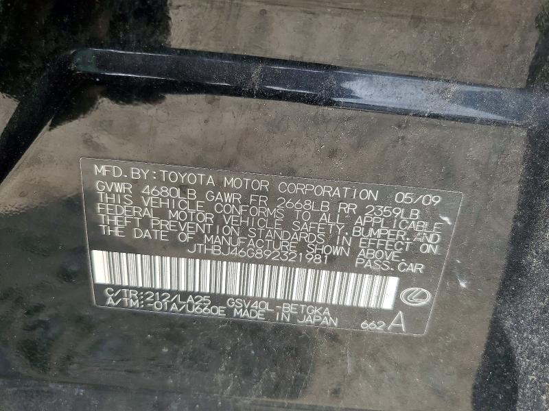 Aukcja sprzedaży 2009 Lexus Es, vin: JTHBJ46G892321981, numer aukcji: 63757516