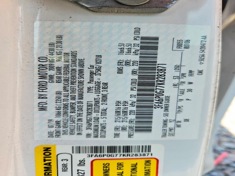 66422056 :رقم المزاد ، 3FA6P0G77KR283871 vin ، 2019 Ford Fusion مزاد بيع