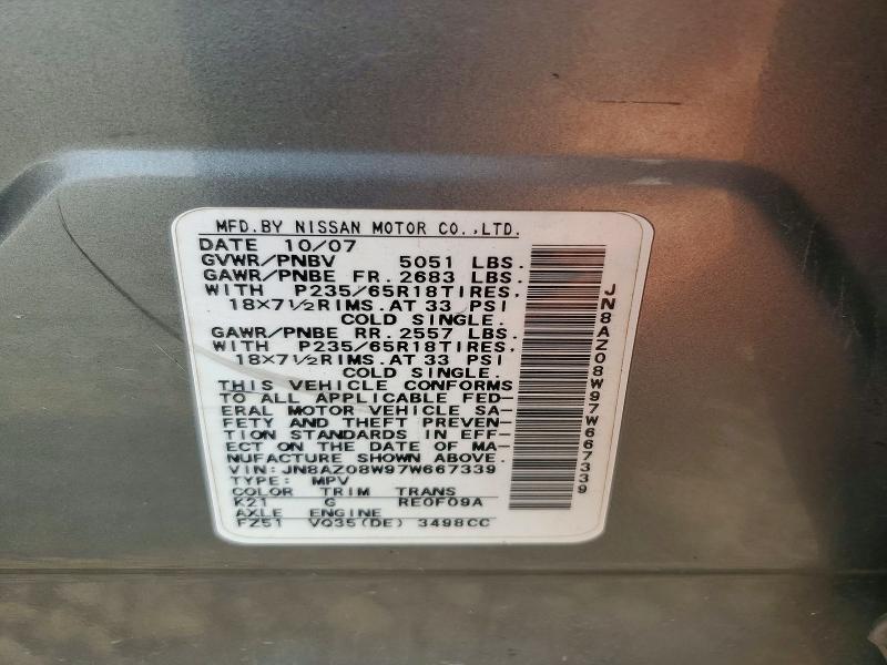 Aukcja sprzedaży 2007 Nissan Murano, vin: JN8AZ08W97W667339, numer aukcji: 63607746