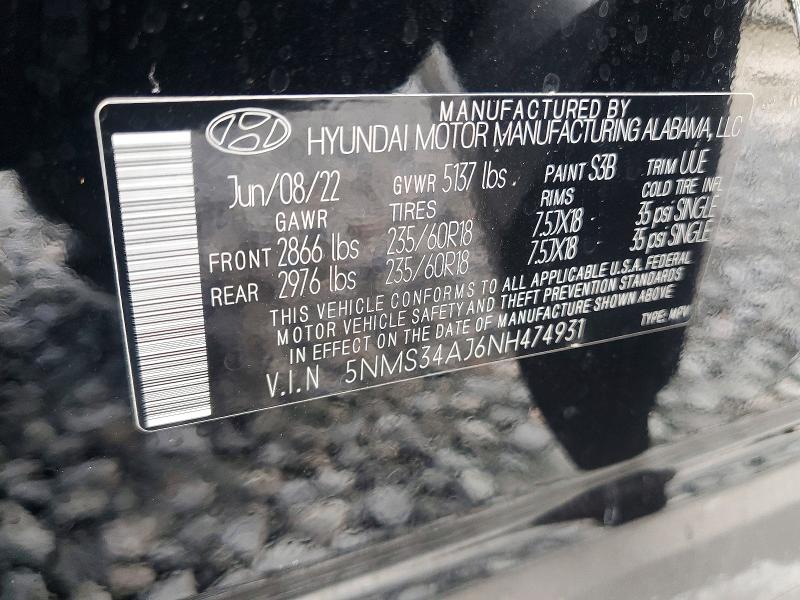 Aukcja sprzedaży 2022 Hyundai Santa Fe, vin: 5NMS34AJ6NH474931, numer aukcji: 65901666