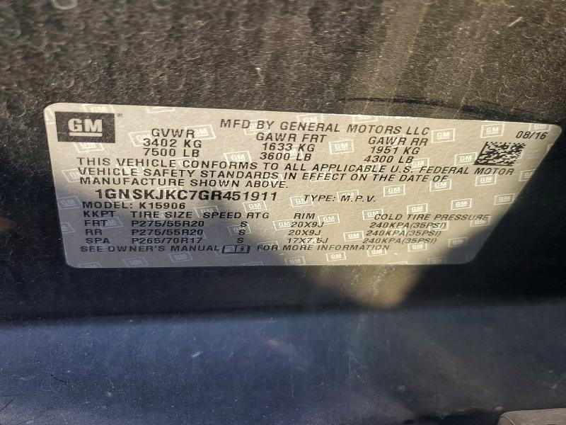 2016 Chevrolet Suburban მანქანა იყიდება აუქციონზე, vin: 1GNSKJKC7GR451911, აუქციონის ნომერი: 63380636
