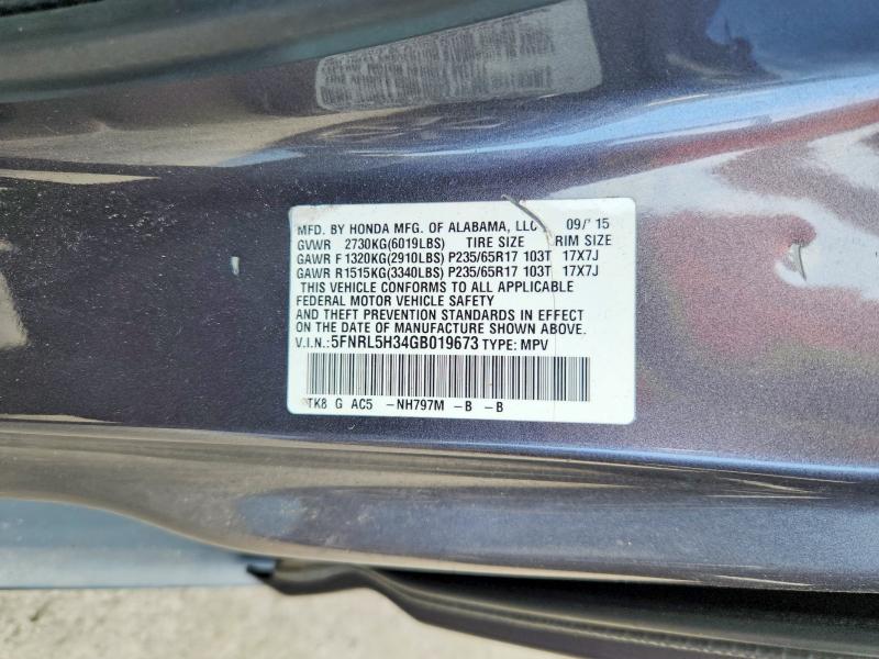 67100886 :رقم المزاد ، 5FNRL5H34GB019673 vin ، 2016 Honda Odyssey مزاد بيع