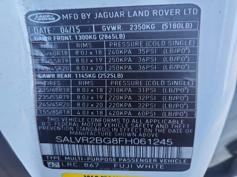 Aukcja sprzedaży 2015 Land Rover Range Rover Evoque, vin: SALVR2BG8FH061245, numer aukcji: 65645006