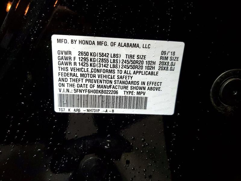Продажа на аукционе авто 2019 Honda Pilot, vin: 5FNYF6H00KB022206, номер лота: 63670646