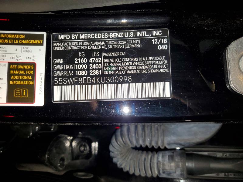 Aukcja sprzedaży 2019 Mercedes-benz C, vin: 55SWF8EB4KU300998, numer aukcji: 66296126