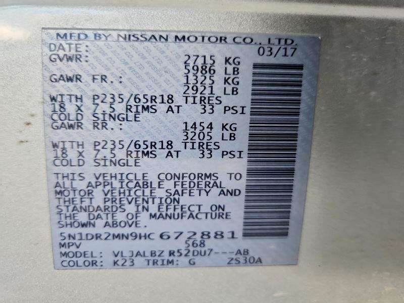 2017 Nissan Pathfinder მანქანა იყიდება აუქციონზე, vin: 5N1DR2MN9HC672881, აუქციონის ნომერი: 66173026
