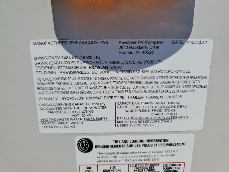 Продаж на аукціоні авто 2015 Keystone Carbon, vin: 4YDF35729FR805647, номер лоту: 63920196