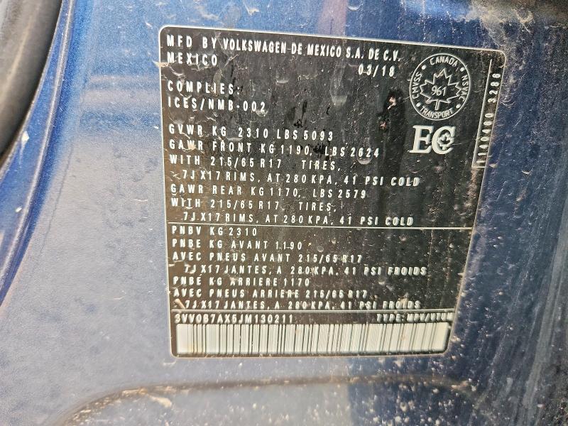 2018 Volkswagen Tiguan მანქანა იყიდება აუქციონზე, vin: 3VV0B7AX5JM130211, აუქციონის ნომერი: 64805656