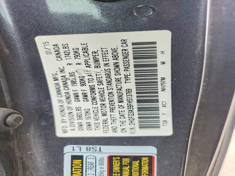 Продаж на аукціоні авто 2015 Honda Civic, vin: 2HGFG3A59FH513769, номер лоту: 65323616