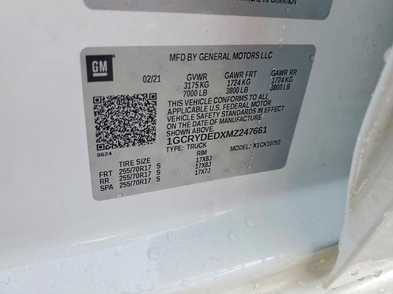 Auction sale of the 2021 Chevrolet Silverado, vin: 1GCRYDEDXMZ247661, lot number: 65883106