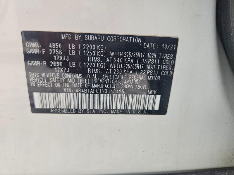 Aukcja sprzedaży 2022 Subaru Outback, vin: 4S4BTAFC1N3148425, numer aukcji: 65912056