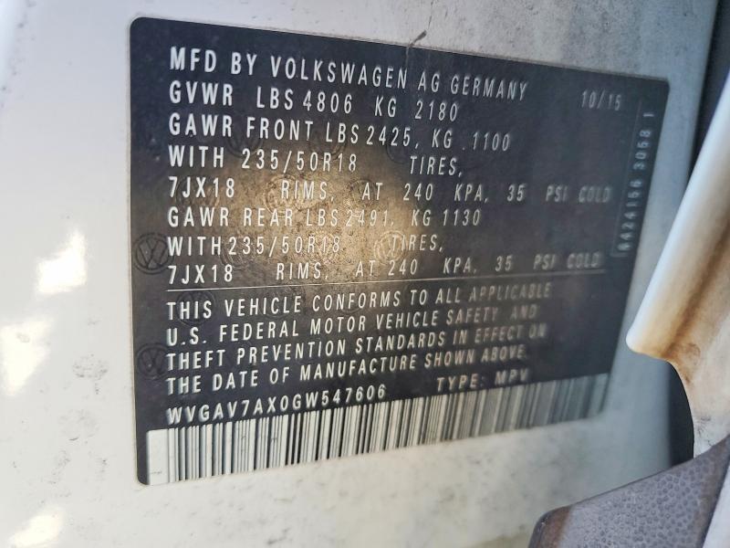 2016 Volkswagen Tiguan მანქანა იყიდება აუქციონზე, vin: WVGAV7AX0GW547606, აუქციონის ნომერი: 66786236