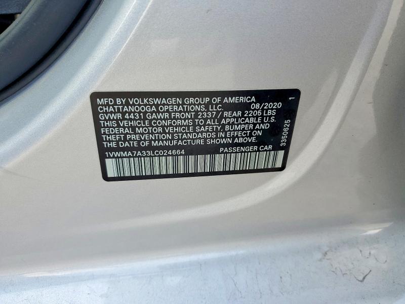 Продаж на аукціоні авто 2020 Volkswagen Passat, vin: 1VWMA7A33LC024664, номер лоту: 64148096