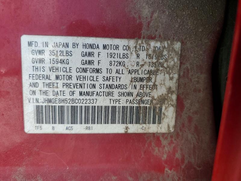 64911136 :رقم المزاد ، JHMGE8H52BC022337 vin ، 2011 Honda Fit مزاد بيع