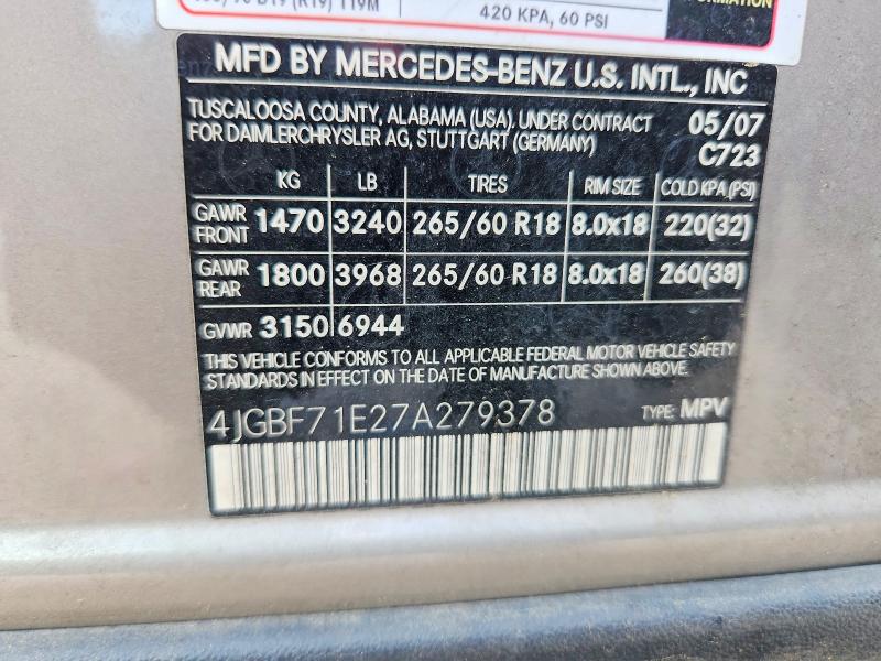2007 Mercedes-benz Gl მანქანა იყიდება აუქციონზე, vin: 4JGBF71E27A279378, აუქციონის ნომერი: 67408066