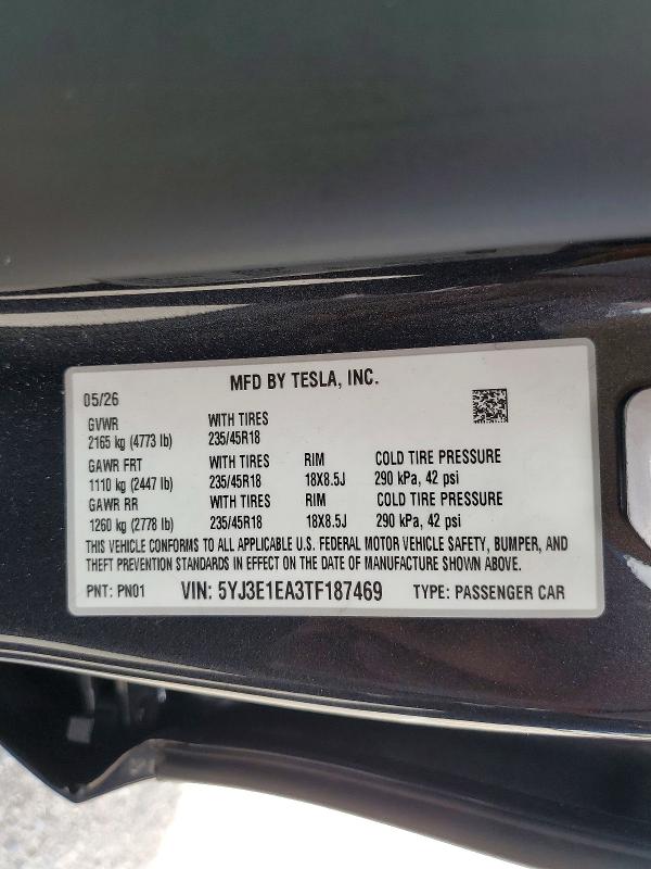 Продаж на аукціоні авто 2026 Tesla Model 3, vin: 5YJ3E1EA3TF187469, номер лоту: 66107756