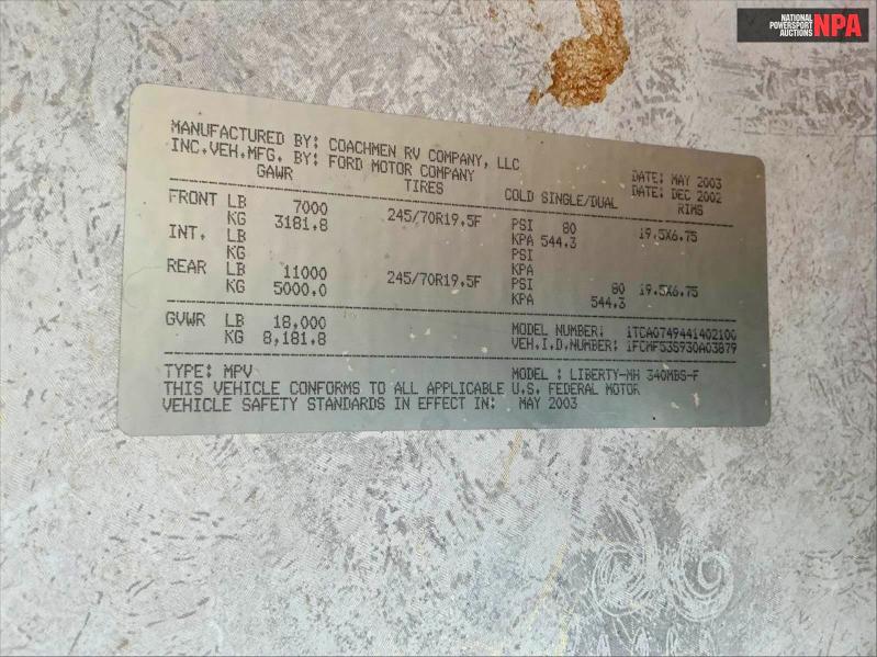 64817216 :رقم المزاد ، 1FCMF53S930A03879 vin ، 2004 Ford Coach مزاد بيع