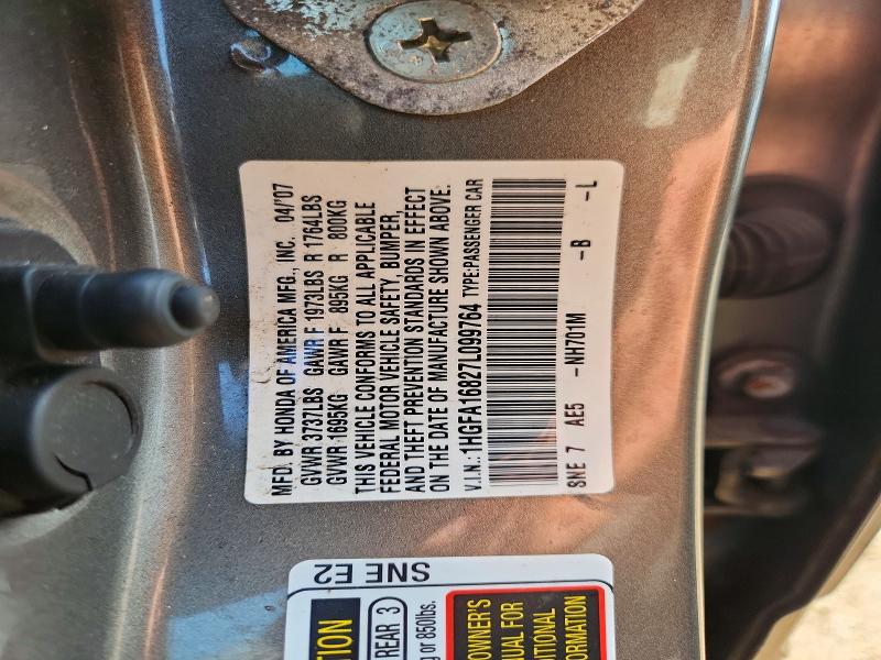 65237436 :رقم المزاد ، 1HGFA16827L099764 vin ، 2007 Honda Civic مزاد بيع