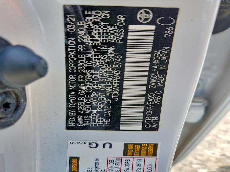 65885596 :رقم المزاد ، JTDKAMFP6M3187461 vin ، 2021 Toyota Prius Prime مزاد بيع