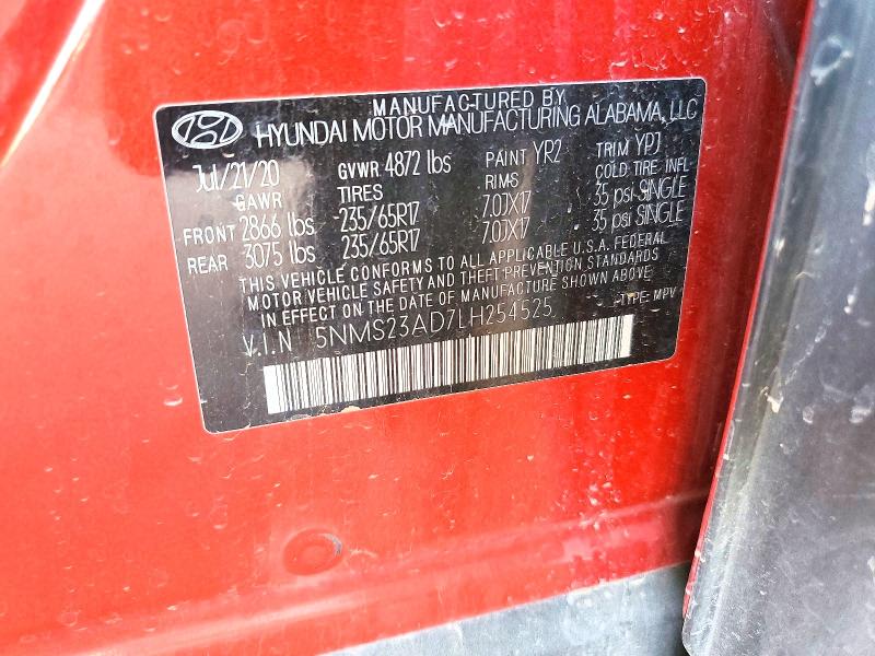 2020 Hyundai Santa Fe მანქანა იყიდება აუქციონზე, vin: 5NMS23AD7LH254525, აუქციონის ნომერი: 67168766